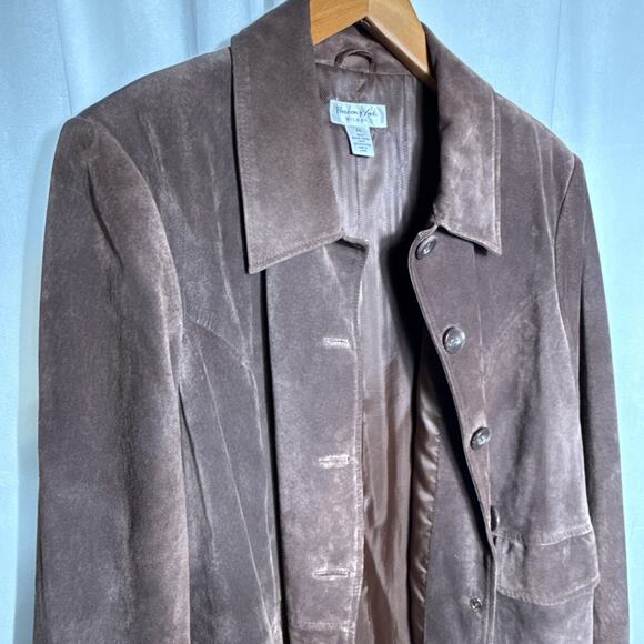 Women's Brown Suede Leather Coat Size 2X Button Front Mid Length Preston York - Picture 8 of 10